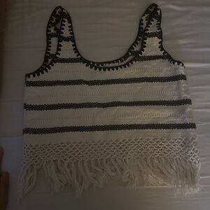 Jaline Resort Boho Crochet Fringe Black and White Top